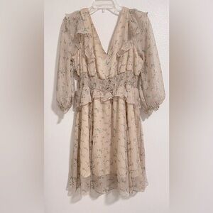 CY Fashion Beige Floral & Ruffle Bohemian Dress sz Large NWT